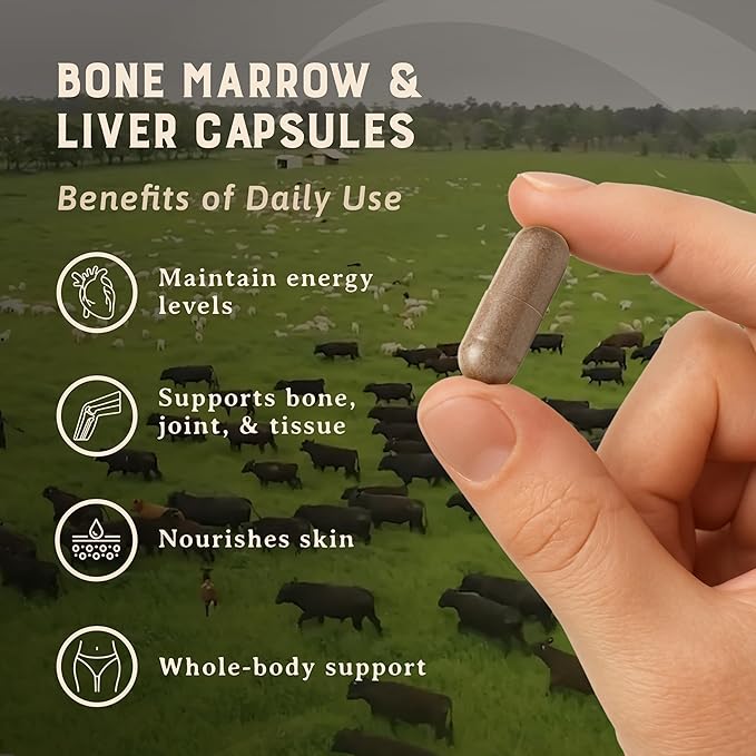Heart & Soil – 100% Grass Fed & Finished Bone Marrow & Beef Liver from Regenerative Cattle – Supports Bones, joints, Tissue & Skin – 3000mg Libido Booster For Women & Men – Glass Bottle – 180 Capsules