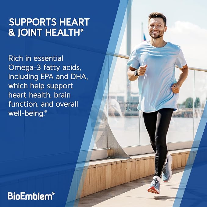 BioEmblem Omega-3 Fish Oil 2000mg - Small Size Softgels, High Absorption Form, Sustainable - 1400mg EPA &DHA Plus Vitamin D3, Non-GMO, Heart, Joint, & Brain Health Fish Oil Supplement, 240 Ct