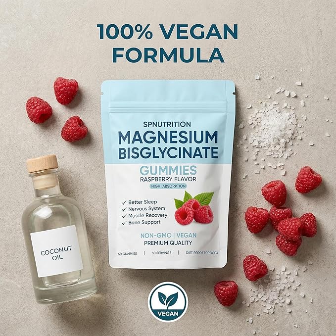 Spnutrition Magnesium Bisglycinate Gummies, 400mg Magnesium Bisglycinate Chelate with Sea Salt & Raspberry Powder, Supports Sleep, Nerve & Muscle Relaxation, Bone Health Support, Vegan, 60 Gummies (1)