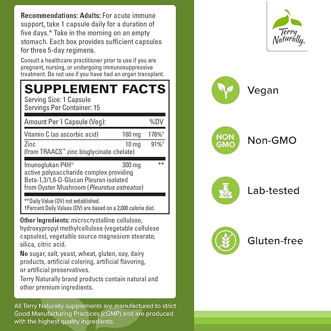 Terry Naturally PleuraMax Extra Strength -Upper Respiratory Health Supplement -Sourced from Oyster Mushrooms -Includes Vitamin C & Zinc for Immune Support -Vegan -15 Capsules (15 Servings) - 2 Pack