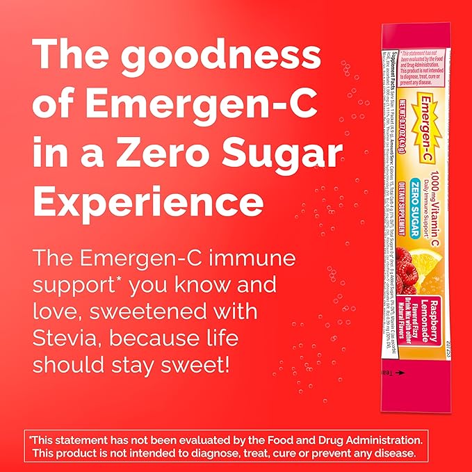 Emergen-C Zero Sugar 1000 mg Vitamin C Powder for Daily Immune Support Caffeine Free Vitamin C Supplements with Zinc & Manganese,B Vitamins&Electrolytes, Raspberry Lemonade Flavor 36 Count(Pack of 2)