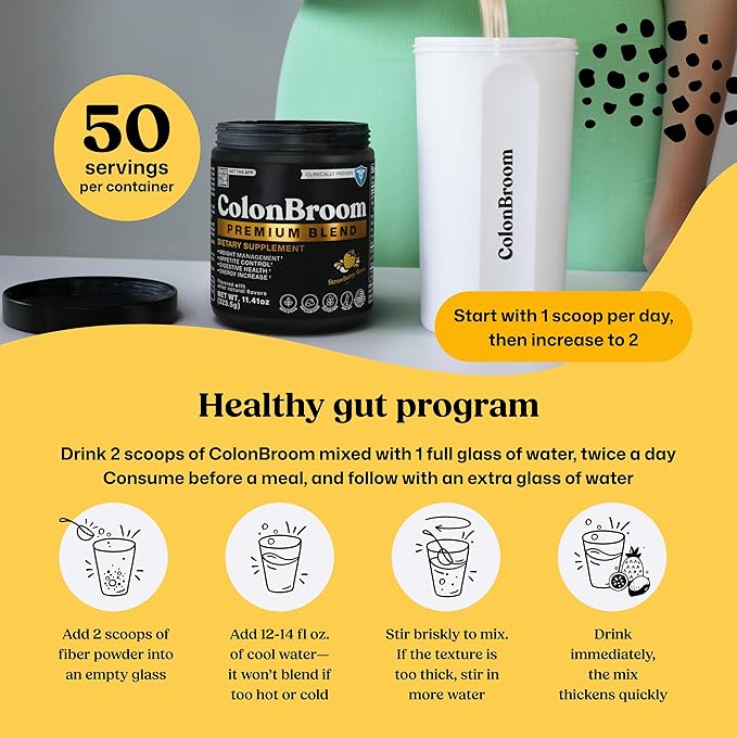 ColonBroom Premium Powder Supplement (Strawberry, 50 Servings) - Colon Broom Psyllium Husk Fiber Powder Drink - Gluten Free, Non-GMO Colon Cleanse for Bloating Relief & Gut Health