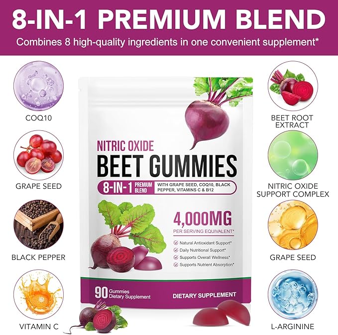 Beetroot Gummies, 90 Gummies 20:1 High-concentration Beetroot Extract Supplement with COQ10, Vitamin C, B12, Grape Seed Extract & Black Pepper, Boost Energy Levels, Supports Immune & Heart Health
