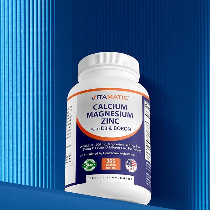 Vitamatic Calcium Magnesium Zinc D3 Boron | 365 Coated Tablets Supplement | Calcium 1200 mg, Magnesium 420mg, Zinc 25mg, Vitamin D3 1000 IU, Boron 1 mg | Non-GMO | Gluten Free | Made in USA