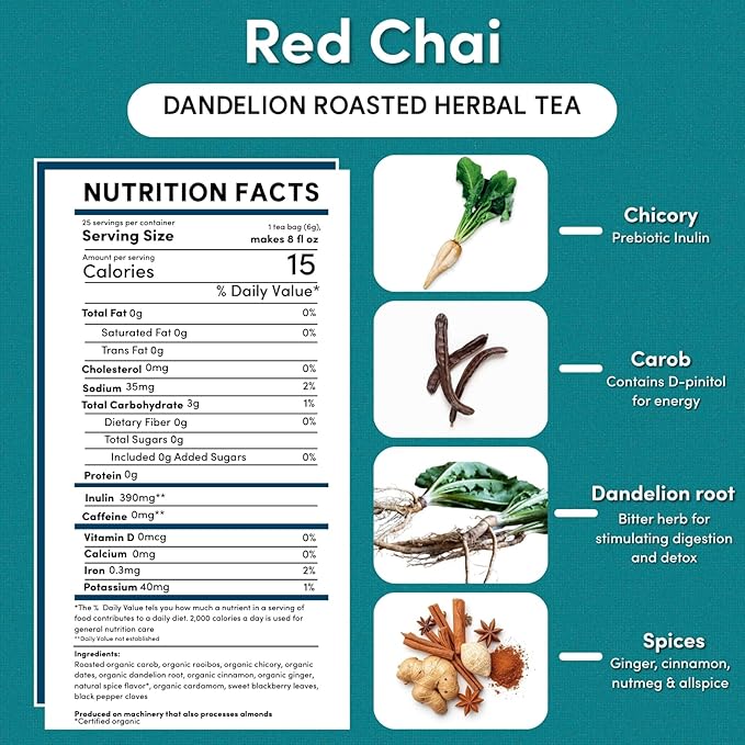 Teeccino Dandelion Red Chai Tea - 25 Tea Bags - Caffeine-Free, Roasted Herbal Tea with Prebiotics, 3x More Herbs than Regular Tea Bags, Gluten Free