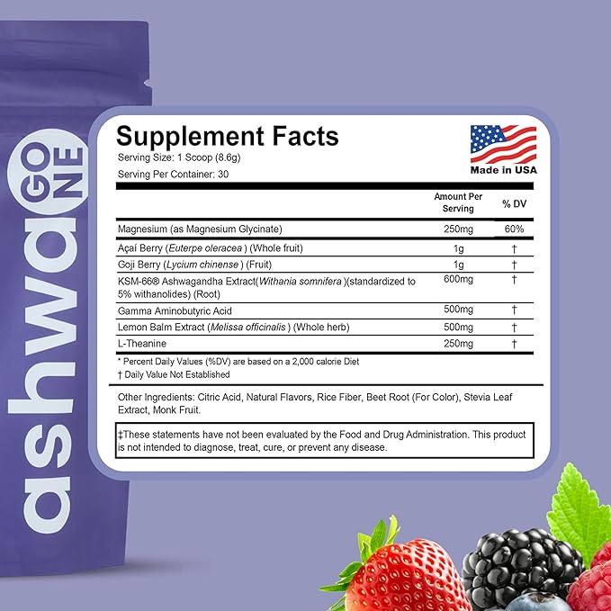 Ashwagone KSM-66 Ashwagandha Powder Drink Mix – Daily Calm & Focus Support – With Magnesium Glycinate, L-Theanine, GABA, Lemon Balm, Acai & Goji Berry – Vegan Supplement – 30 Servings