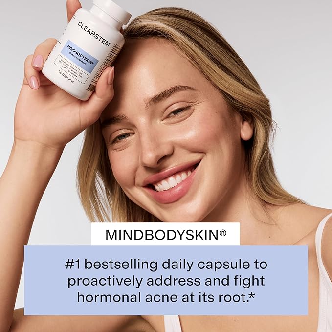 CLEARSTEM - MINDBODYSKIN Hormonal Acne Supplement (5-HTP) - Natural DIM Supplement - Skin Care Vitamins - Hormone Balance, Antioxidants - Gluten Free, Cruelty Free - 60 Servings, 180 Capsules