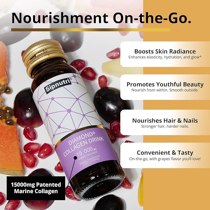 Diamond Collagen Drink -15,000mg Marine Collagen Peptides Liquid Shots for Women & Men, Hydrolyzed with Vitamin C & Pomegranate, Grape Flavor, Supports Skin, Hair & Nail Health-1.69 fl oz x30