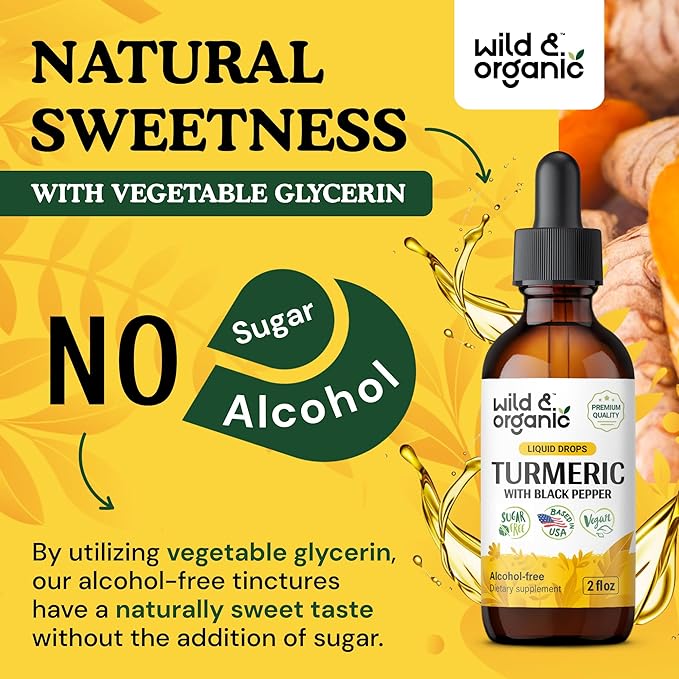 Wild & Organic Turmeric Curcumin Supplement with Black Pepper - Movement & Immune Support - Liquid Turmeric Curcumin with Black Pepper - Add to Tea Drops - Vegan, Sugar & Alcohol-Free Tincture - 2 oz