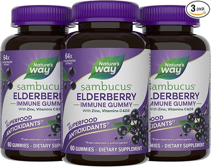 Nature's Way Sambucus Elderberry Gummies, Immune Support Gummy for Adults & Kids Ages 4+ with Black Elderberry Extract, Vitamin C, Vitamin D3, and Zinc*, 60 Gummies (Set of 3)