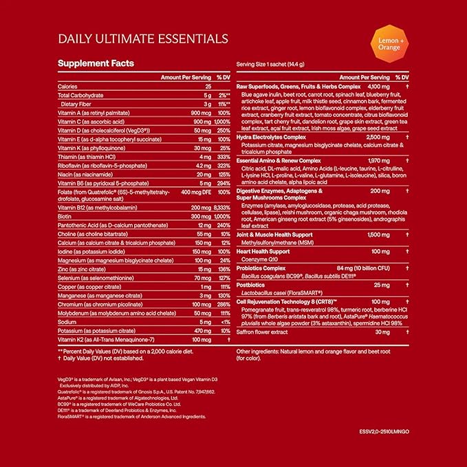 IM8 Daily Ultimate Essentials All-in-One Multivitamin Supplement, 92 Nutrient Rich Ingredients CoQ10, Probiotics, Vitamins, Greens, Gluten Free, Vegan (90 Packets, Lemon & Orange)