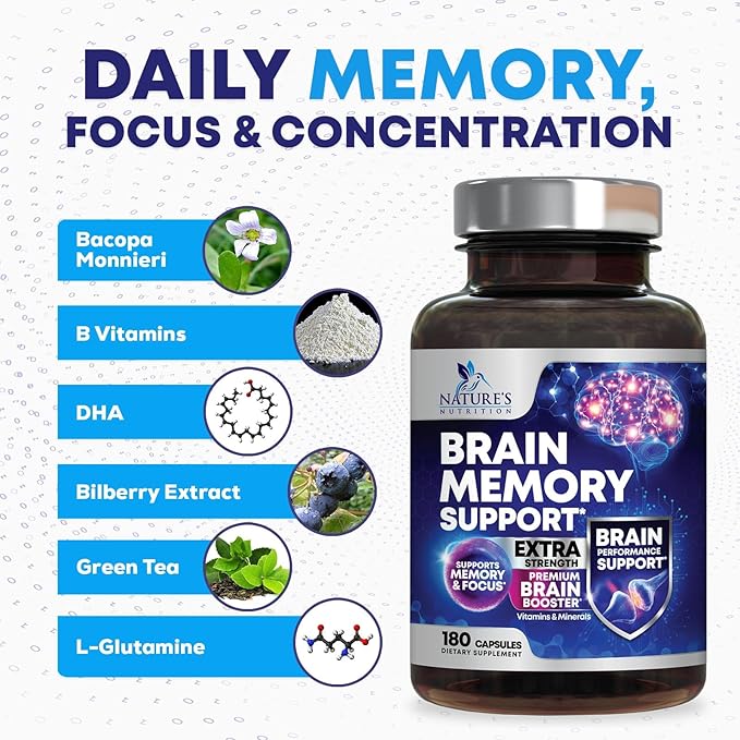 Brain Memory Supplement Pills - 3X Strength Nootropics for Concentration, Clarity & Focus Support - Brain Health Cognitive Vitamins with Bacopa, Phosphatidylserine & DMAE, Brain Booster - 180 Capsules