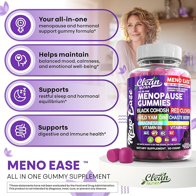 Menopause Supplement For Women Gummies with Black Cohosh, Wild Yam Magnesium, Red Clover For Menopause Relief Hormone Balance Night Sweats Mood Plus Bergamot, Vitamin D3, Vitamin B12, Vitamin B6 Clean