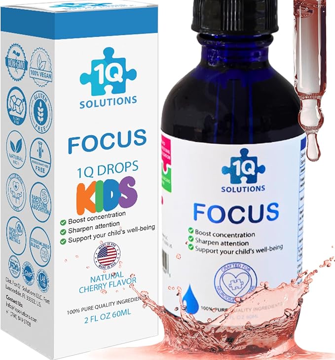 1Q Focus – Liquid Cognitive & Brain Support Natural Drops for Kids | Acetyl L-Carnitine + B1, B6, B12 & Folate | Sugar-Free, Vegan, Non-GMO, Gluten-Free | Advanced Absorption | 2 fl oz 30 Servings