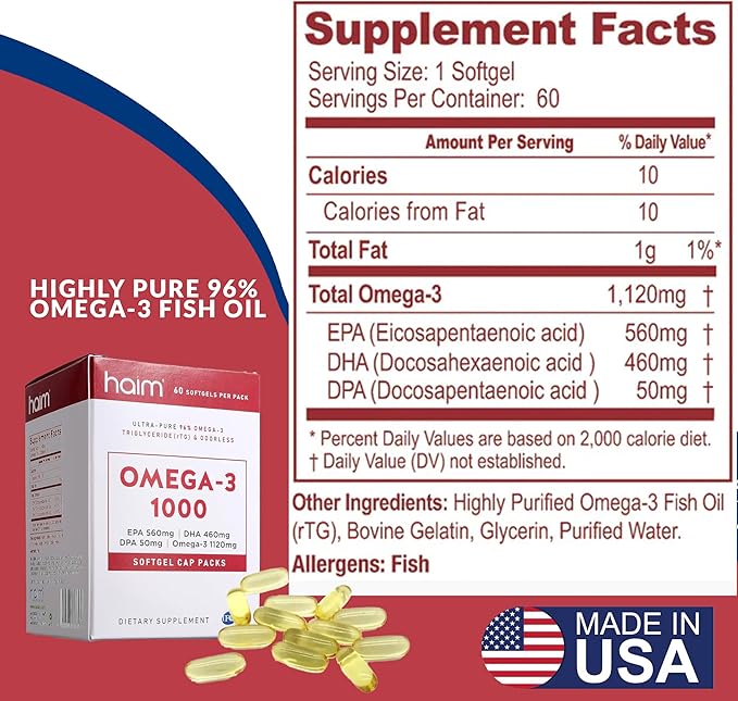 HAIM Omega-3 1000 Fish Oil Softgels — 1120mg Omega-3 with EPA DHA Fatty Acids — Burpless, Odorless, No Fishy Smell — Triple Strength Concentrated Supplement — Nutritional Softgels — 60 Count