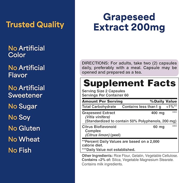 Puritan's Pride Grapeseed Extract 200mg, Dietary Supplement for Antioxidant and Heart Health Support, 2 Month Supply, 120 Rapid Release Capsules