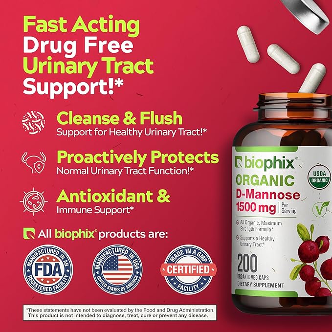 biophix D-Mannose USDA Organic 1500 mg 200 Veggie Caps - Supports a Healthy Bladder Urinary Tract, Non-GMO, Vegan-Friendly
