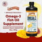 Barlean's Omega 3 Fish Oil Liquid Supplement with Vitamin D for Men and Women, 1080mg of EPA and DHA Fatty Acid, Promotes Brain & Heart Health - Non-GMO, Mango Peach, 32 oz