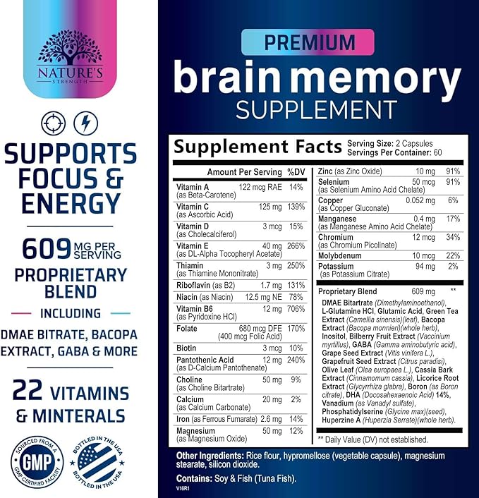 Brain Memory Supplement Pills - 3X Strength Nootropics for Concentration, Clarity & Focus Support - Brain Health Cognitive Vitamins with Bacopa, Phosphatidylserine & DMAE, Brain Booster - 120 Capsules