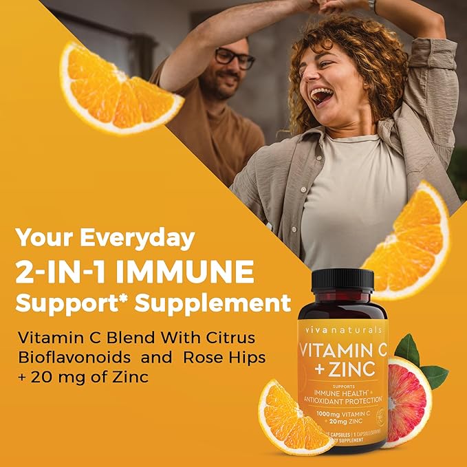 Viva Naturals Vitamin C and Zinc Supplement (250 Capsules) - 1000 mg Vitamin C with Zinc 20 mg Antioxidant Supplements for Immune Support, Vitamin Supplement for Adults