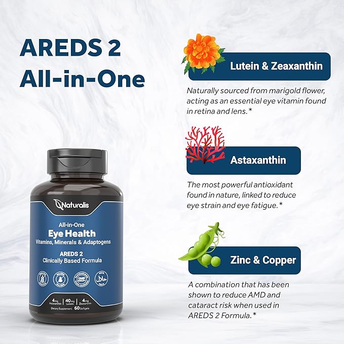 Naturalis Areds2 Clinically Based Eye Supplement | Lutein, Zeaxanthin, Astaxanthin, Bilberry, Blueberry, Cranberry & Grape Seed Adaptogen Blend | 60 Vision Essential Softgels