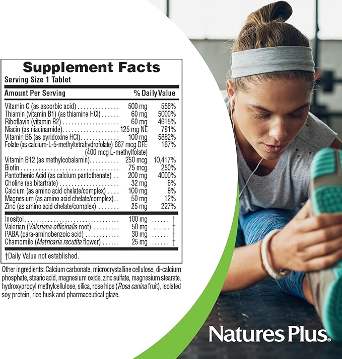 NaturesPlus Mega-Stress Complex - 60 Sustained Release Tablets - B Complex, Vitamin C Supplement with Chamomile & Herbs for Natural Calm - Gluten Free - 60 Servings