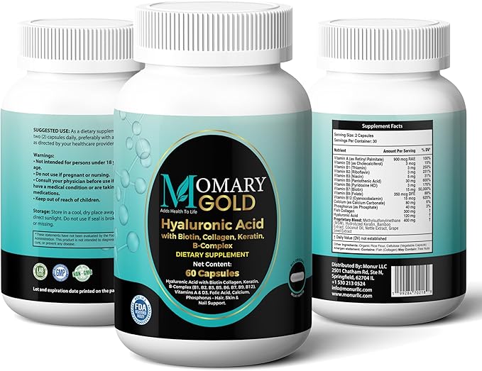 MOMARY Gold Hyaluronic Acid with Biotin, Collagen, Keratin, B-Complex (B1, B2, B3, B5, B6, B7, B9, B12), Vitamins A & D3, Folic Acid, Calcium, Phosphorus – Hair, Skin & Nail Support – 60 Capsules