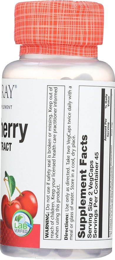SOLARAY Tart Cherry Fruit Extract 425mg | Healthy Uric Acid Levels & Joint Support with Anthocyanins | 90ct, 45 Serv.