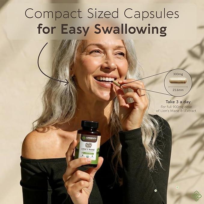 Longevity Botanicals Organic Lion's Mane Mushroom Capsules Supplement Extract 120ct | Hericium Erinaceus Fruiting Body | ≥20% Beta-D-Glucans | 40 Servings of 900mg | Supports Cognitive & Gut Wellness