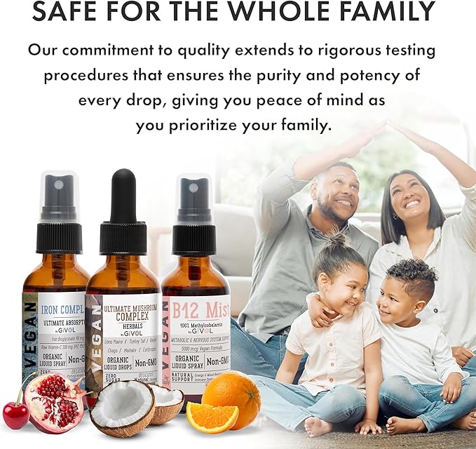Ultimate Vegan Essential Bundle Liquid Spray- Ultimate Mushroom Complex, Iron Bisglycinate, and Vitamin B12 Methylcobalamin, All Natural, Non-GMO, Gluten Free, Sugar Free 2 Fl Oz 360 Days Supply