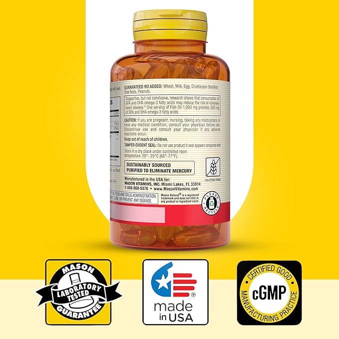 MASON NATURAL Omega,3 Fish Oil, 180,Day Supply, 1000mg with EPA and DHA for Joint Support, 60 Softgel Pills (3 Pack)