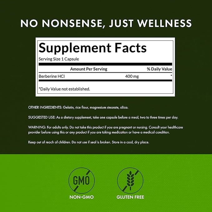 Swanson Berberine HCl Cardiovascular and Metabolic Health Supplement for Health-Conscious Adults - Non-GMO, Vegan, Gluten-Free (60 Vegan Capsules, 400 mg Each)