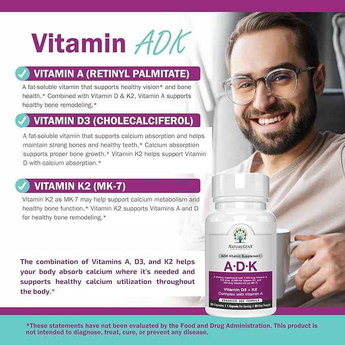 ADK Vitamin Supplement – Vitamins A, D3 & K2 MK-7 for Bone Health & Calcium Absorption – Gluten-Free, Non-GMO, Soy-Free – 120 Capsules, 2-Pack (4-Month Supply)