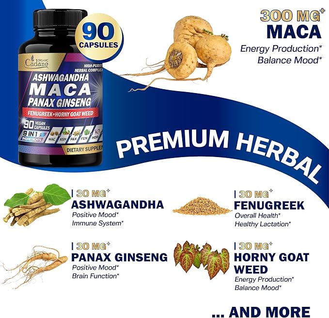 Organic Cadane Maca Root, Ashwagandha, Panax Ginseng Supplement - 90 Capsules 3 Months with Fenugreek, Tongkat Ali & More - Support Energy Production & Immunity