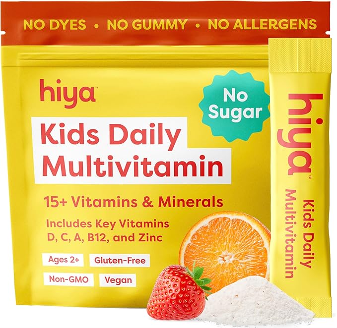Hiya Kids Multivitamin – 15+ Essential Vitamins & Minerals with Fruits & Veggies for Ages 2+, Supports Growth, Development & Immune, 0g Sugar – 20 Stick Packs for Toddlers & Kids