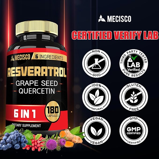 6in1 Trans Resveratrol Supplement with Grape Seed, Milk Thistle, and More - Resveratrol 1000mg - Supports for Immune System, Heart Health, Body Management - 180 Capsules