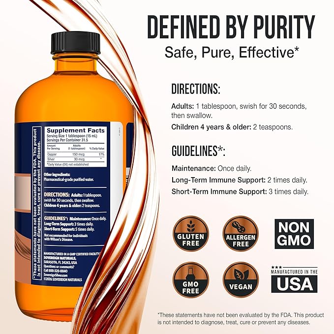 Sovereign Copper Bio-Active Copper Hydrosol, Daily+ 4-in-1 Wellness Supplement for Joint, Bone, Hair, Skin and Nails, Cardiovascular Health, Energy and Metabolic Health Support, 16 fl oz (473mL)