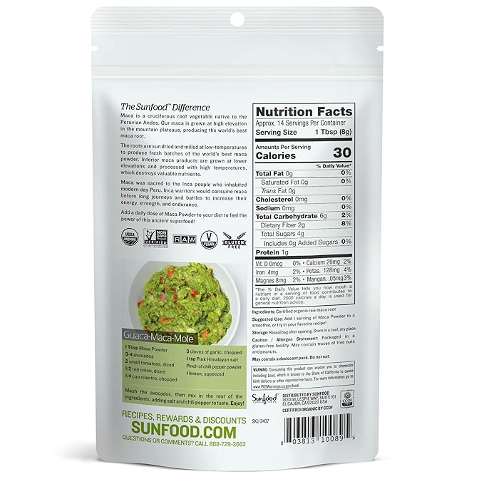 Sunfood Organic Maca Powder - Maca Root Powder, Maca Powder Organic, Maca Supplement for Men & Women with Adaptogens, Peruvian, Raw, Vegan, Premium Maca Powder - 4 Oz Bag