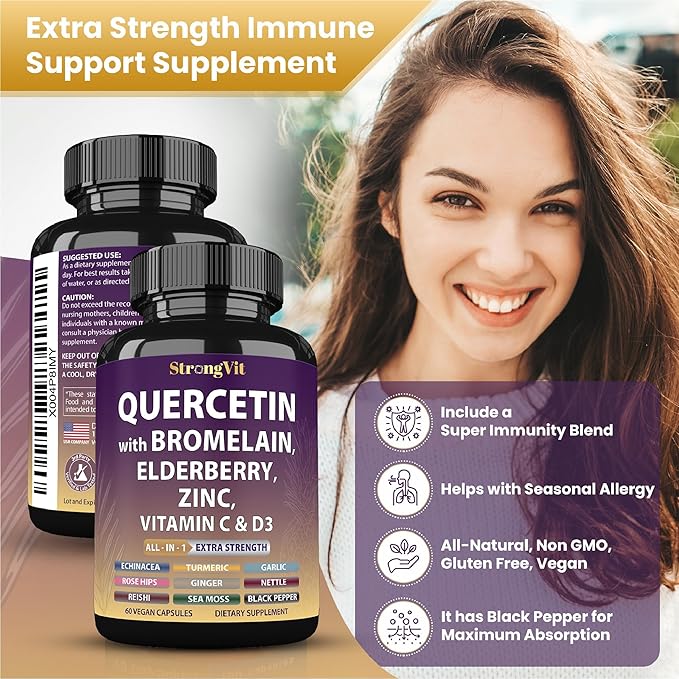 Quercetin with Bromelain, Elderberry, Vitamin C, D3 and Zinc. Super Immune Support Supplement. Organic Complex for Men & Women, Non-GMO, Gluten-Free, Vegan, USA