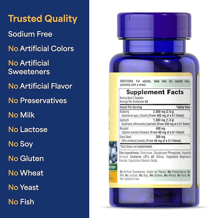 Puritan's Pride Premium Blueberry Eyebright Complex with Extracts of Marigold and Grapeseed, Dietary Supplement for Antioxidant Health, 120 Coated Caplets