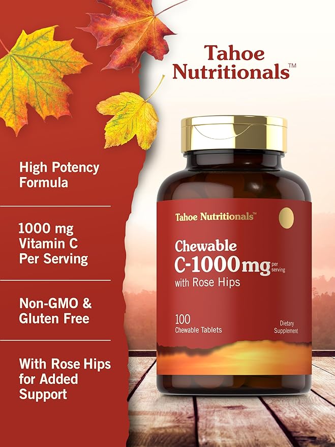 Carlyle Vitamin C Chewables | 1000mg | 100 Tablets | Natural Orange Flavor | Vegetarian, Non-GMO & Gluten Free Supplement | Tahoe Nutritionals