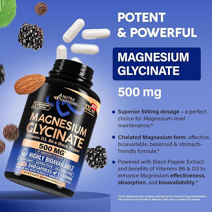 Magnesium Glycinate 500 mg - Chelated Supplement - High Absorption Form of Magnesium - Support for Sleep, Muscle & Heart Health - Made in USA, Lab Tested & Non-GMO - 240 Capsules