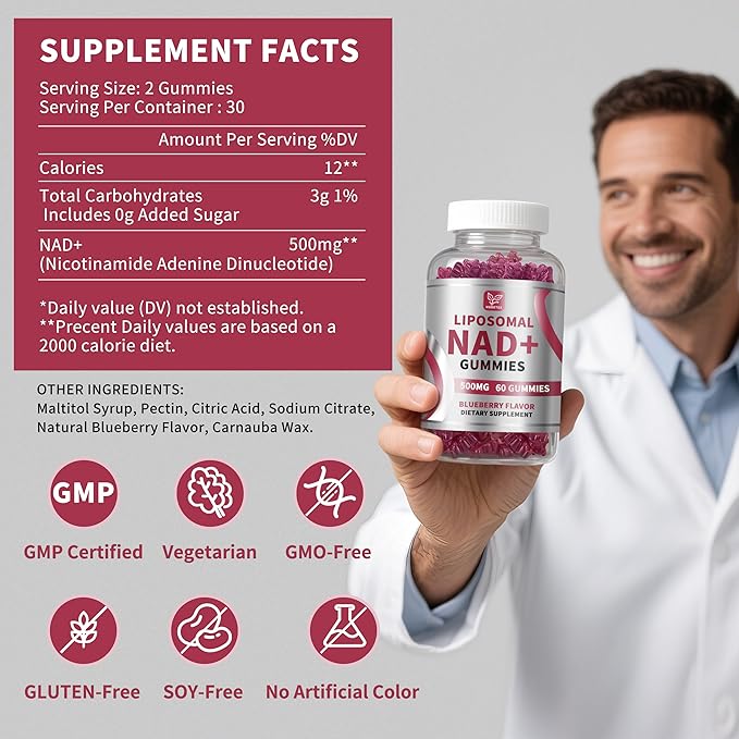 Hudetex (3 Packs) NAD Gummies Supplement for Women & Men, Pure 500mg Liposomal NAD - Cell Regeneration, Energy & Metabolism Support, Vegan,Sugar Free，Additives Free, 180 Counts,Blueberry Flavor
