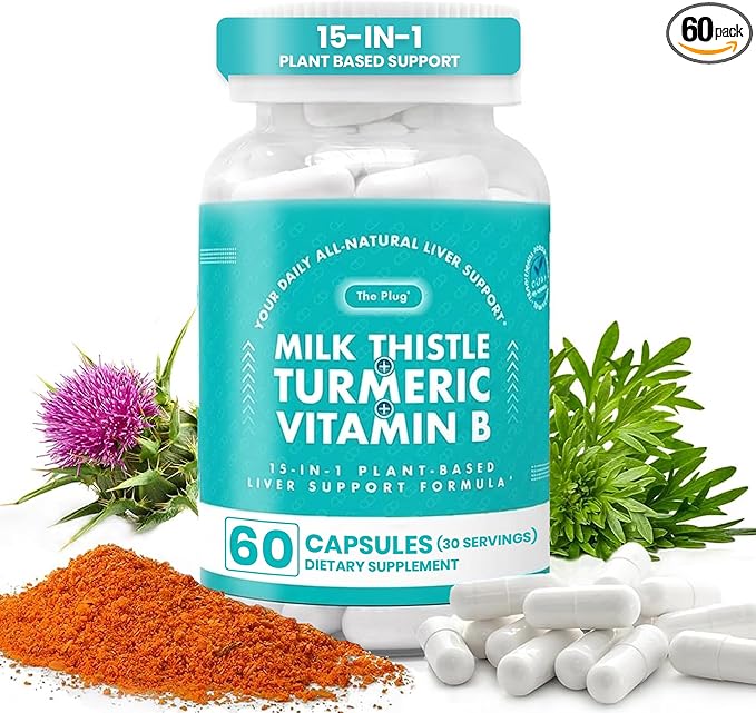 The Plug Liver Cleanse Detox & Repair Milk Thistle (Silymarin), Turmeric, Dandelion Root & Vitamin B– Herbal Capsules for Liver, Digestive & Immune Support – Non-GMO, Gluten-Free, Kosher – 60 Capsules
