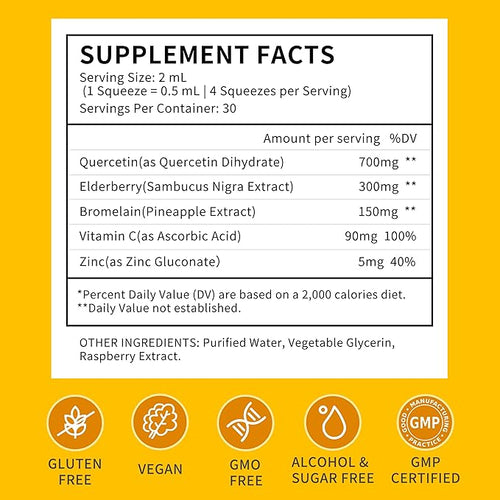 3 Pack Liposomal Quercetin with Bromelain Liquid Drops for Kis & Aldult- Higher Absorption, Quercetin Supplements 700mg w. Bromelain Elderberry Zinc Vitamin C for Immune, Heart, Antioxidant Support