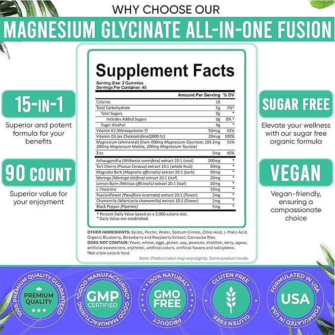 Adndale Magnesium Glycinate 400 mg Gummies with Ashwagandha, Magnesium Malate & Taurate, Tart Cherry, Magnolia Bark, Lemon Balm, Passionflower, Chamomile, L-Theanine, Zinc, Vitamin K2 & D3. 90CT