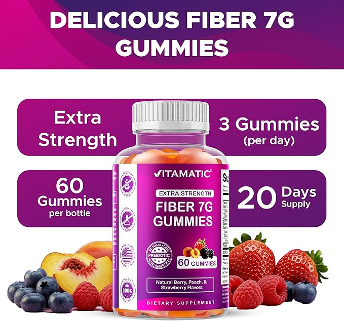 Vitamatic Prebiotic Fiber Gummies for Adults – 2 Pack (Total 120 Gummies) 7g Fiber per Serving | Extra Strength | Zero Sugar Added | Pectin-Based | Digestive Health & Regularity Support