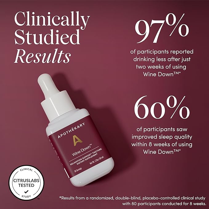 Apothékary Wine Down, Natural Sleep and Relaxation Support, Alcohol-Free Red Wine-Inspired Herbal Liquid Drops, Consists of Blue Vervain, Tart Cherry, and California Poppy, 4 oz, 100 Servings