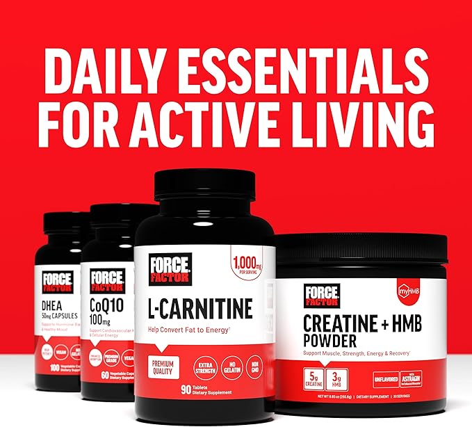 Force Factor L-Carnitine Supplement, L Carnitine Tartrate 1000mg Capsules to Convert Fat Into Energy, Support Muscle Recovery, and Boost Exercise Performance, Vegan, Non-GMO, 90 Tablets