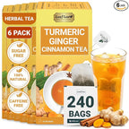 LeafLea 240 Turmeric Ginger Tea Bags, 100% Natural Herbal Blend with Cinnamon, Supports Digestion and Immune Health, Warm and Spicy Flavor, Sugar-Free, Caffeine-Free, Non-GMO, Pack of 6